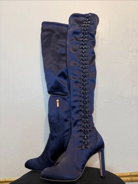 Jimmy Choo Satin Lace-Up Over-the-Knee Stiletto Boots - Navy